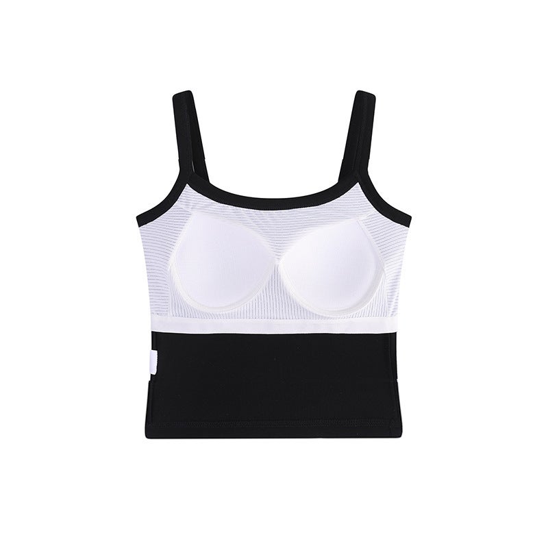 Camisole Womens Summer Integrated Bra with Chest Pad for Outer Wear White Long Pure Cotton Backing Top Navel Black  - Image 1