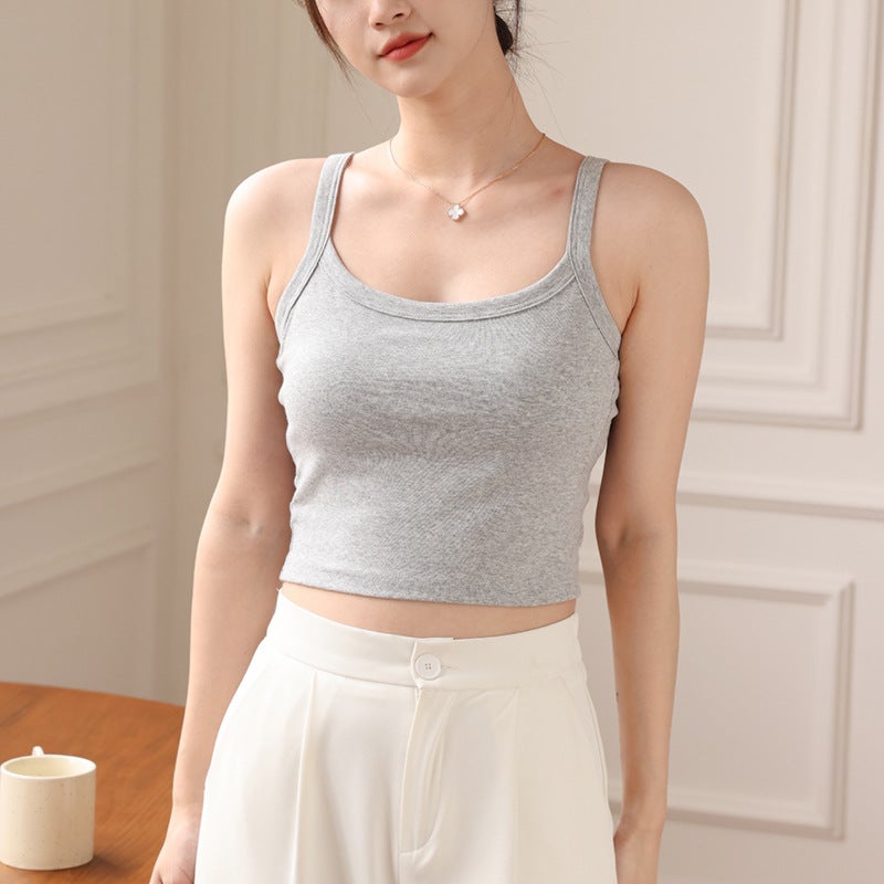 Camisole Womens Summer Integrated Bra with Chest Pad for Outer Wear White Long Pure Cotton Backing Top Navel Black  - Image 3