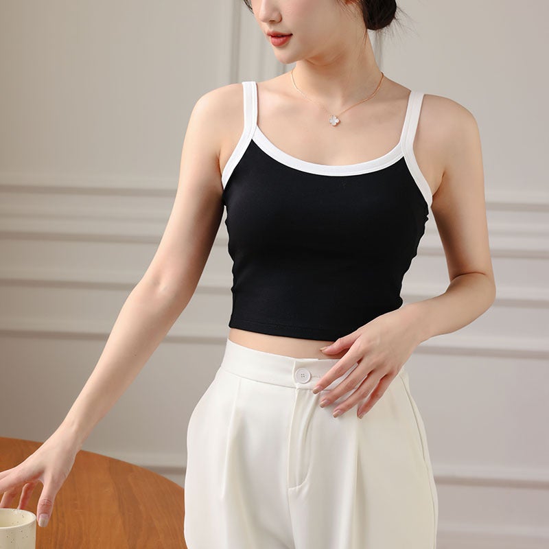 Camisole Womens Summer Integrated Bra with Chest Pad for Outer Wear White Long Pure Cotton Backing Top Navel Black  - Image 4