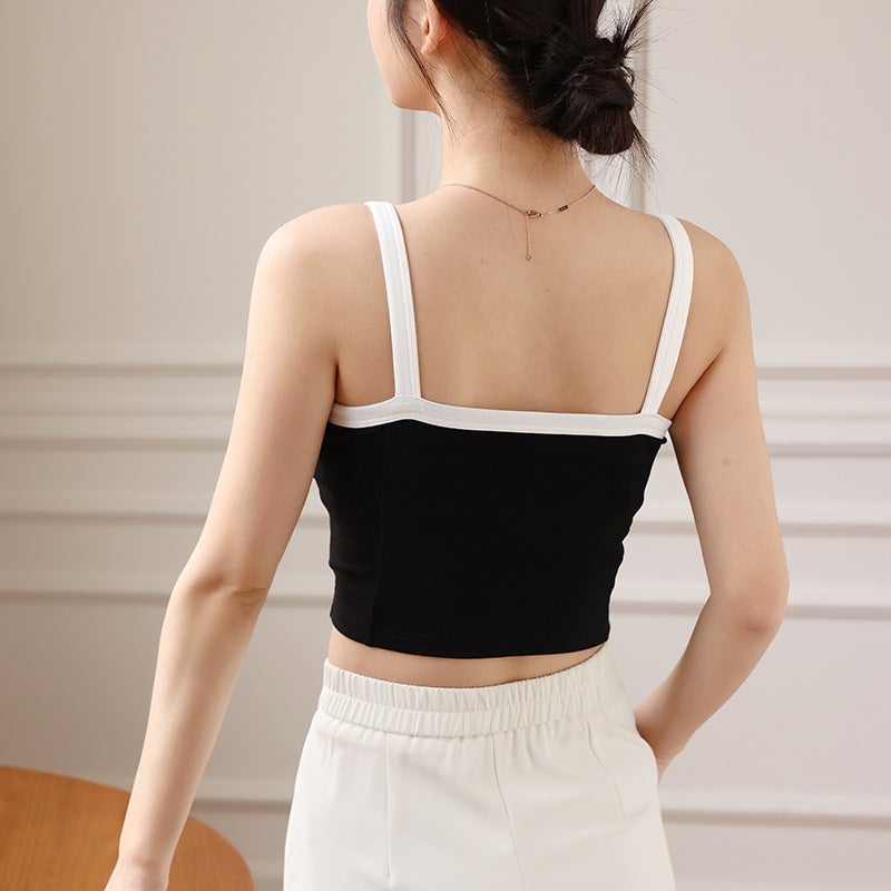 Camisole Womens Summer Integrated Bra with Chest Pad for Outer Wear White Long Pure Cotton Backing Top Navel Black  - Image 5