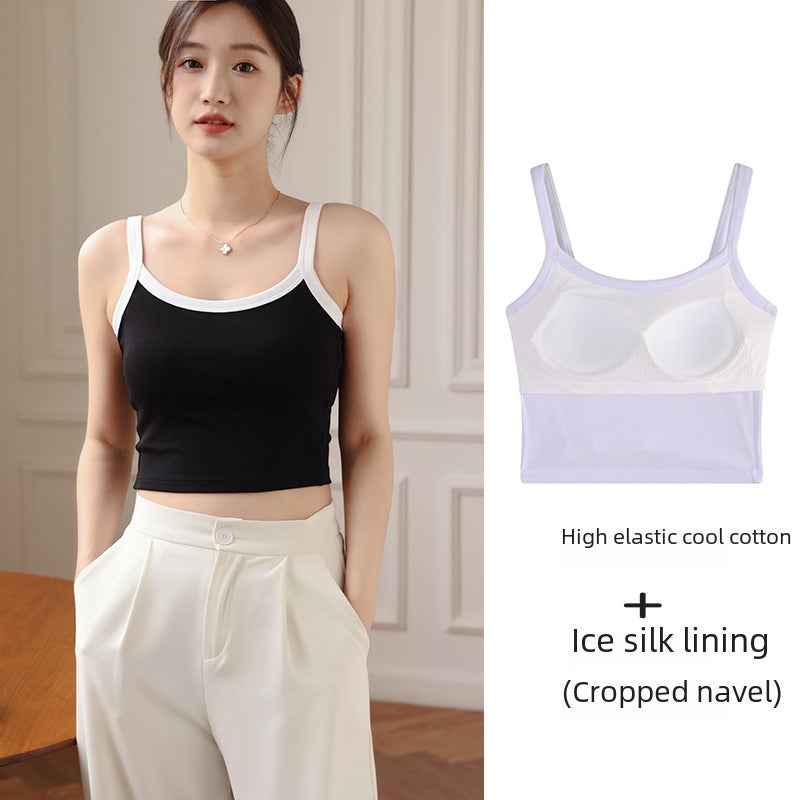 Camisole Womens Summer Integrated Bra with Chest Pad for Outer Wear White Long Pure Cotton Backing Top Navel Black  - Image 2