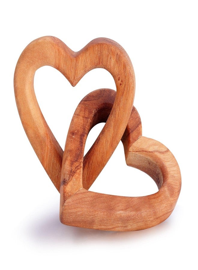 MIXJOY Olive Wooden Interlocking Hearts Decor - Romantic Natural Solid Wood Heart Sculpture Gift for Couples Newlyweds Anniversary Valentine's Day, Connected Heart Love Gift for Home Office Decor - Image 1
