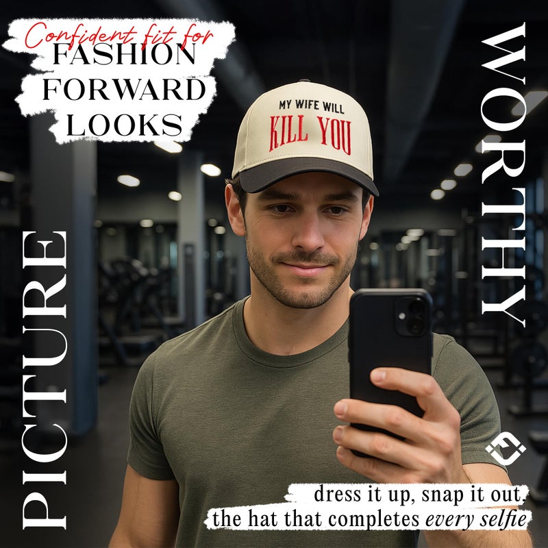 Funky Junque Two-Tone Canvas Snapback Baseball Cap - My Wife Will Kill You - Black/Beige - Image 2