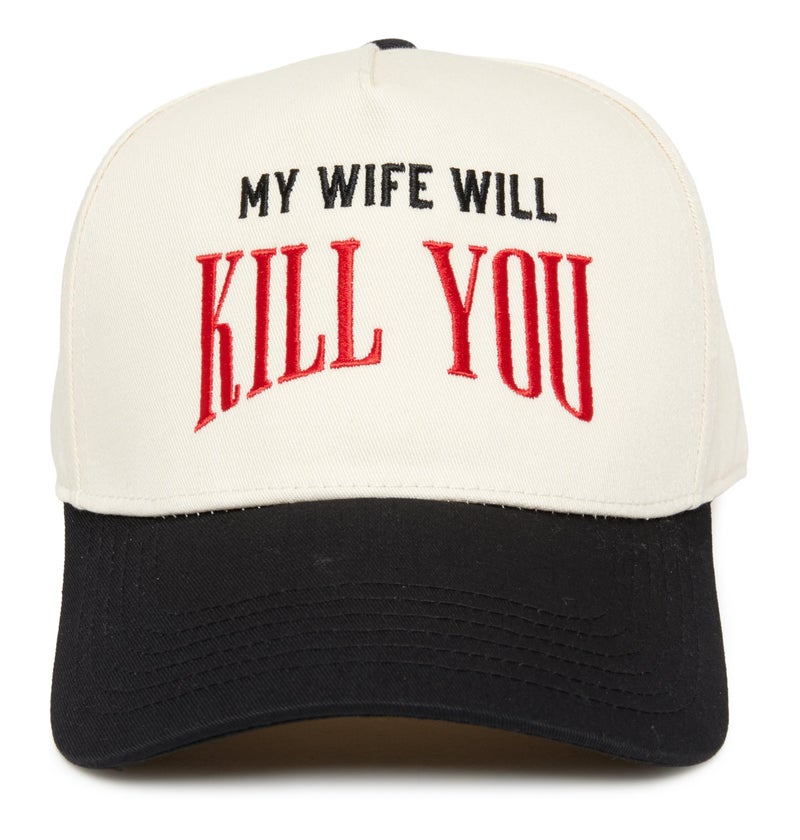 Funky Junque Two-Tone Canvas Snapback Baseball Cap - My Wife Will Kill You - Black/Beige - Image 1