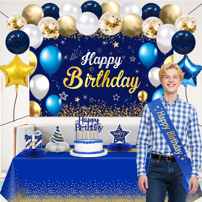 YeohJoy Birthday Decorations Navy Blue Gold - Happy Birthday Banner, Sash, Balloons, Tablecloth, Cake Topper, Candles,Table Decorations - 35pcs Party Decor for Men and Boys - Image 2