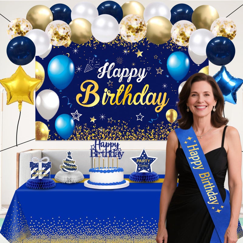 YeohJoy Birthday Decorations Navy Blue Gold - Happy Birthday Banner, Sash, Balloons, Tablecloth, Cake Topper, Candles,Table Decorations - 35pcs Party Decor for Men and Boys - Image 5