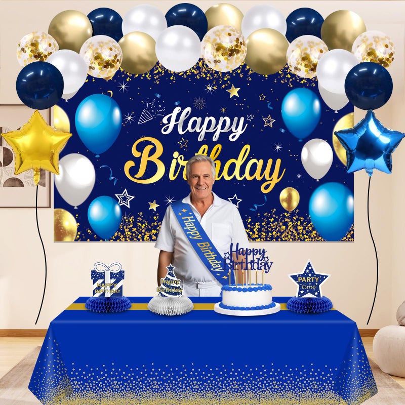 YeohJoy Birthday Decorations Navy Blue Gold - Happy Birthday Banner, Sash, Balloons, Tablecloth, Cake Topper, Candles,Table Decorations - 35pcs Party Decor for Men and Boys - Image 4