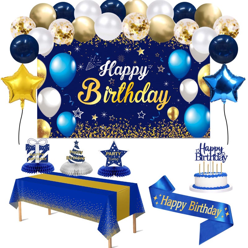 YeohJoy Birthday Decorations Navy Blue Gold - Happy Birthday Banner, Sash, Balloons, Tablecloth, Cake Topper, Candles,Table Decorations - 35pcs Party Decor for Men and Boys - Image 1