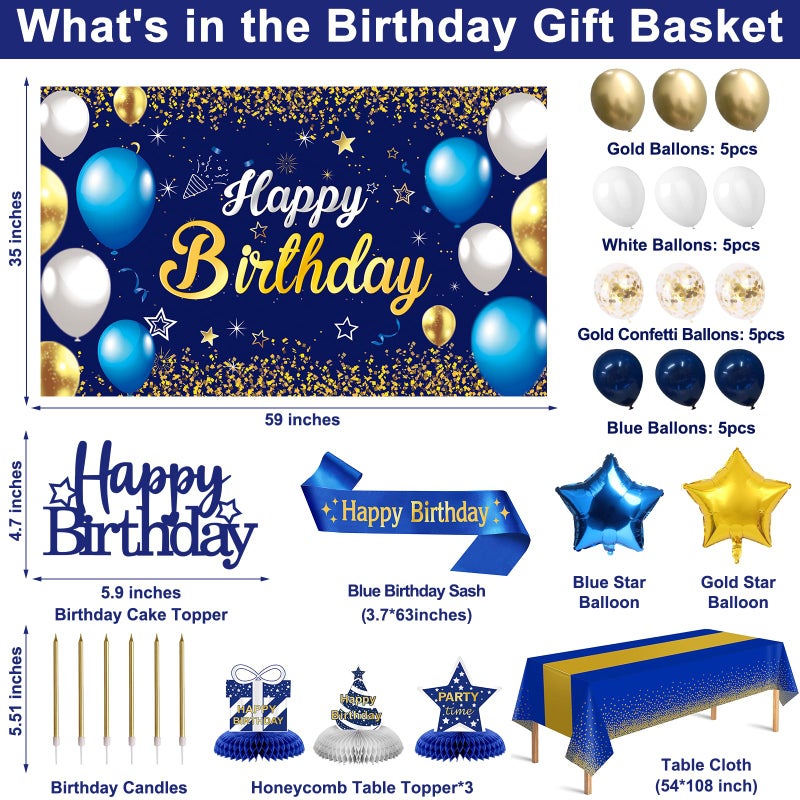 YeohJoy Birthday Decorations Navy Blue Gold - Happy Birthday Banner, Sash, Balloons, Tablecloth, Cake Topper, Candles,Table Decorations - 35pcs Party Decor for Men and Boys - Image 3
