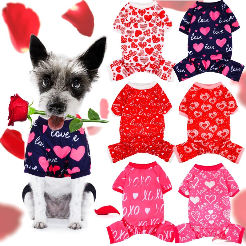 Sanwuta 6 Pack Valentines Dog Pajamas Bulk Red Pink Heart Pattern Dog Valentines Holiday Outfit Clothes Jumpsuit Costumes for Boys Girls Puppy Cat Party Cosplay(Medium) - Image 1