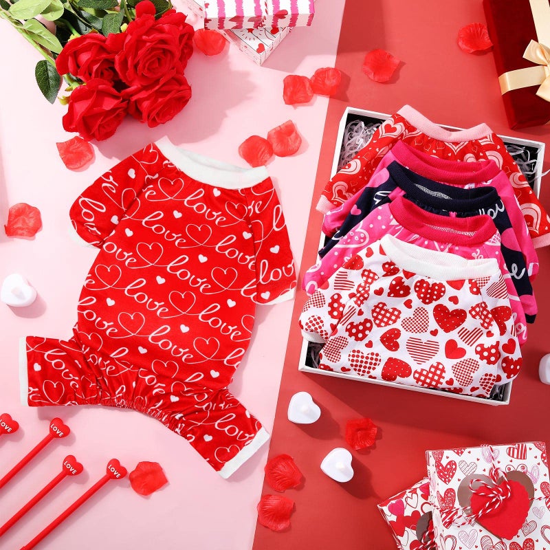 Sanwuta 6 Pack Valentines Dog Pajamas Bulk Red Pink Heart Pattern Dog Valentines Holiday Outfit Clothes Jumpsuit Costumes for Boys Girls Puppy Cat Party Cosplay(Medium) - Image 5