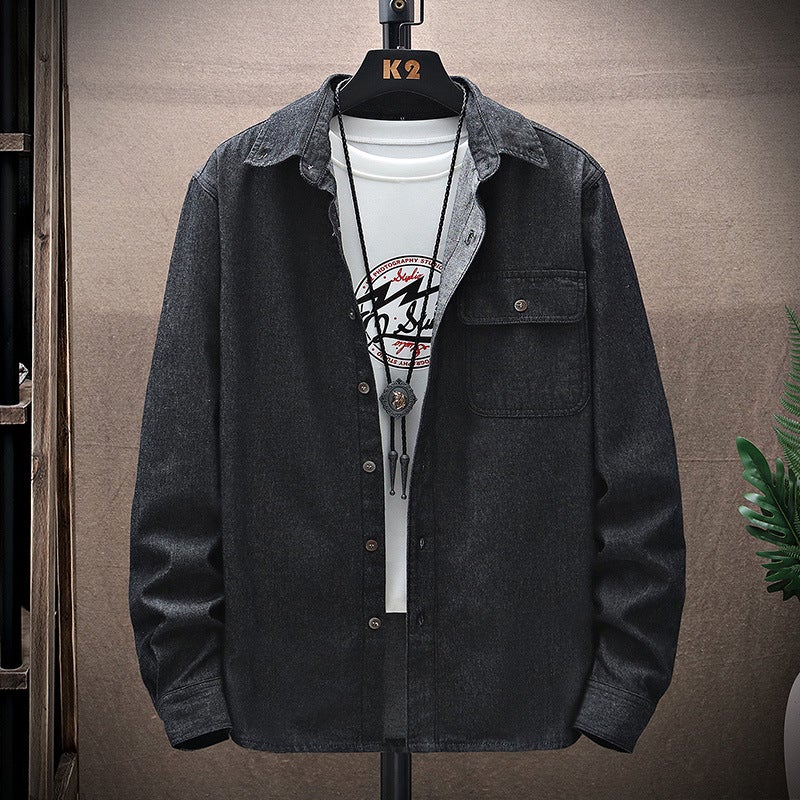 Foreign Trade Spring and Autumn Classic Fashion Mens Workwear Long-sleeved Denim Shirt Casual Simple All-match Shirt Washed Jacket Grey  - Image 4