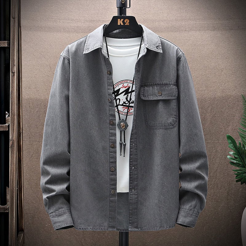 Foreign Trade Spring and Autumn Classic Fashion Mens Workwear Long-sleeved Denim Shirt Casual Simple All-match Shirt Washed Jacket Grey  - Image 1