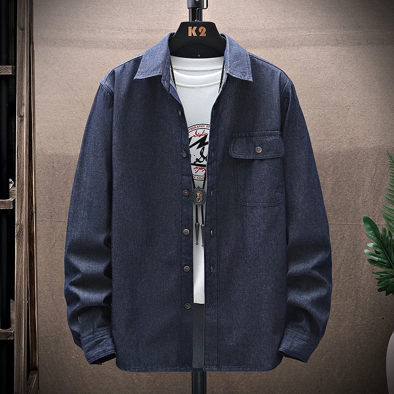Foreign Trade Spring and Autumn Classic Fashion Mens Workwear Long-sleeved Denim Shirt Casual Simple All-match Shirt Washed Jacket Grey  - Image 2