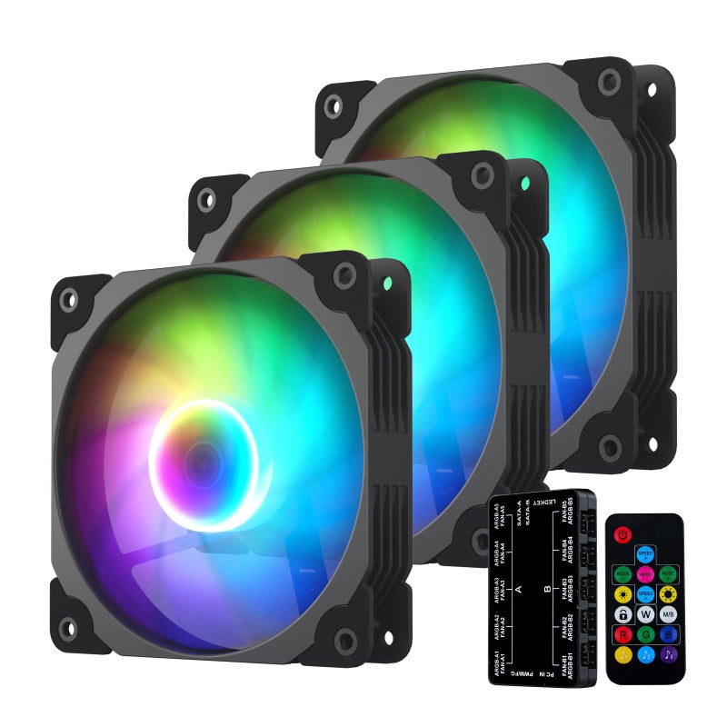 Vetroo 3-Pack Computer Case Fan 120mm Address RGB & PWM Cooling Fans High Performance with Controller Hub - Black - Image 1