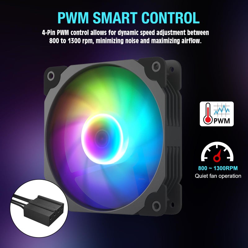 Vetroo 3-Pack Computer Case Fan 120mm Address RGB & PWM Cooling Fans High Performance with Controller Hub - Black - Image 5