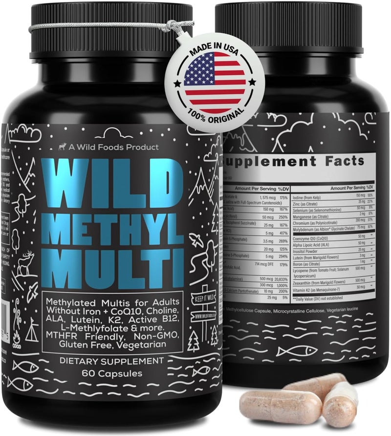 Wild Foods Wild Methylated Multivitamin for Women  Men  Daily Multi Vitamin  MTHFR Supplement Without Iron  Methylated B12 Folate Vitamin C A K2 D E Choline Biotin ALA CoQ10  More 60 Capsules - Image 1