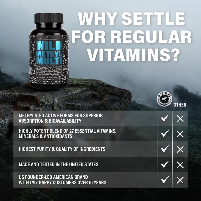 Wild Foods Wild Methylated Multivitamin for Women  Men  Daily Multi Vitamin  MTHFR Supplement Without Iron  Methylated B12 Folate Vitamin C A K2 D E Choline Biotin ALA CoQ10  More 60 Capsules - Image 5