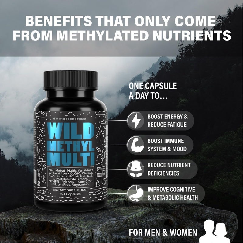 Wild Foods Wild Methylated Multivitamin for Women  Men  Daily Multi Vitamin  MTHFR Supplement Without Iron  Methylated B12 Folate Vitamin C A K2 D E Choline Biotin ALA CoQ10  More 60 Capsules - Image 2