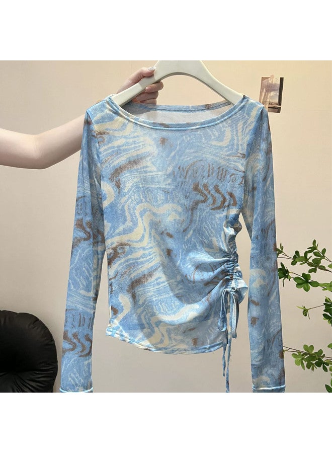 PLANDOO Millennial Style Retro Tie-Dye Mesh Base Shirt, Vacation Asymmetric Drawstring Long Sleeve Top, Design-Featured T-Shirt - Image 3
