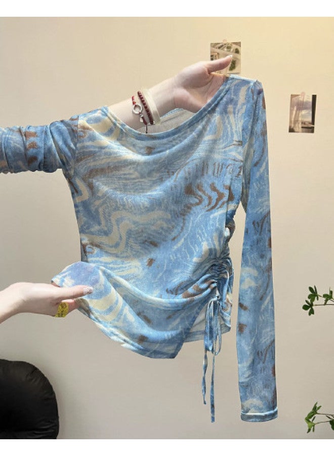 PLANDOO Millennial Style Retro Tie-Dye Mesh Base Shirt, Vacation Asymmetric Drawstring Long Sleeve Top, Design-Featured T-Shirt - Image 1