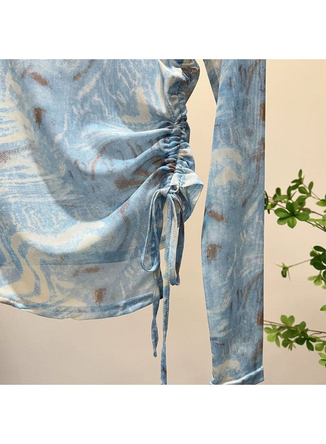 PLANDOO Millennial Style Retro Tie-Dye Mesh Base Shirt, Vacation Asymmetric Drawstring Long Sleeve Top, Design-Featured T-Shirt - Image 5