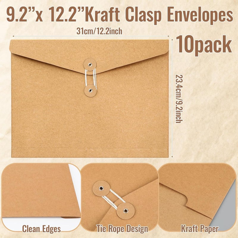 Feifeiya 10 Pack Kraft String Envelope File Folder Brown A4 Letter Size Kraft Paper Folders 9.2 x 12.2 Inch Project Pockets File Jacket Document Organizer with String Button Closure(Horizontal) - Image 2