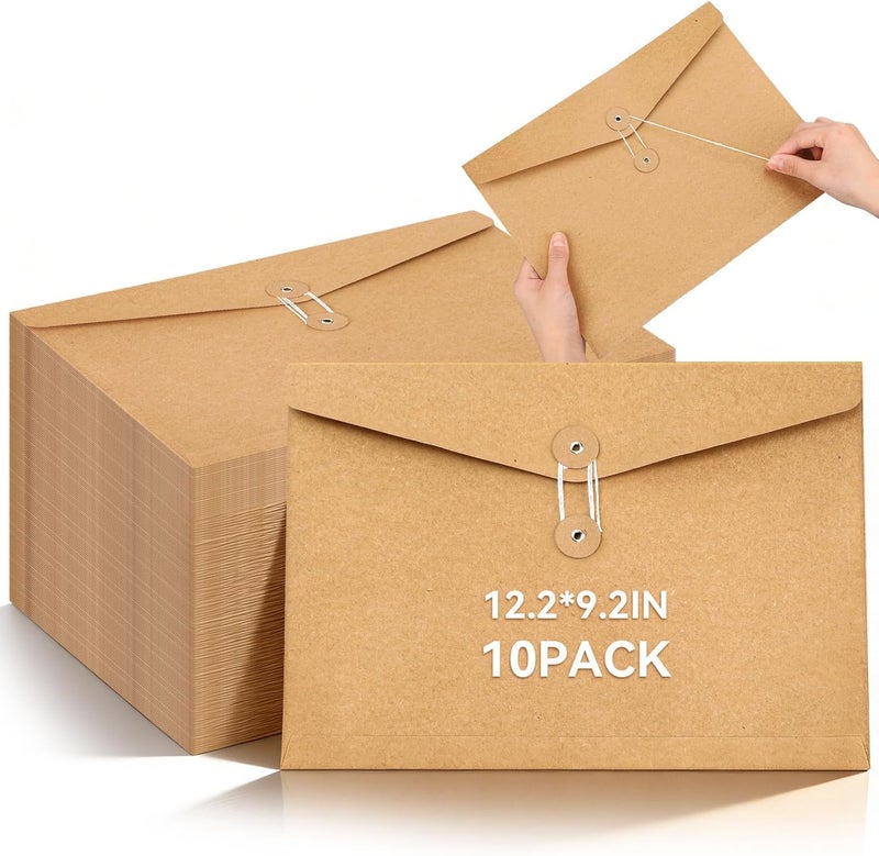 Feifeiya 10 Pack Kraft String Envelope File Folder Brown A4 Letter Size Kraft Paper Folders 9.2 x 12.2 Inch Project Pockets File Jacket Document Organizer with String Button Closure(Horizontal) - Image 1