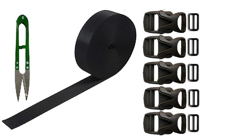 iCONY Nylon Webbing Strap 10meter roll with 5 Buckles, 5 Adjuster and 1 Thread Cutter for Backpack Repairing, Luggage Fastening Strap, Pet Collar Making, Hiking and More (Black) (1 inch) - Image 1