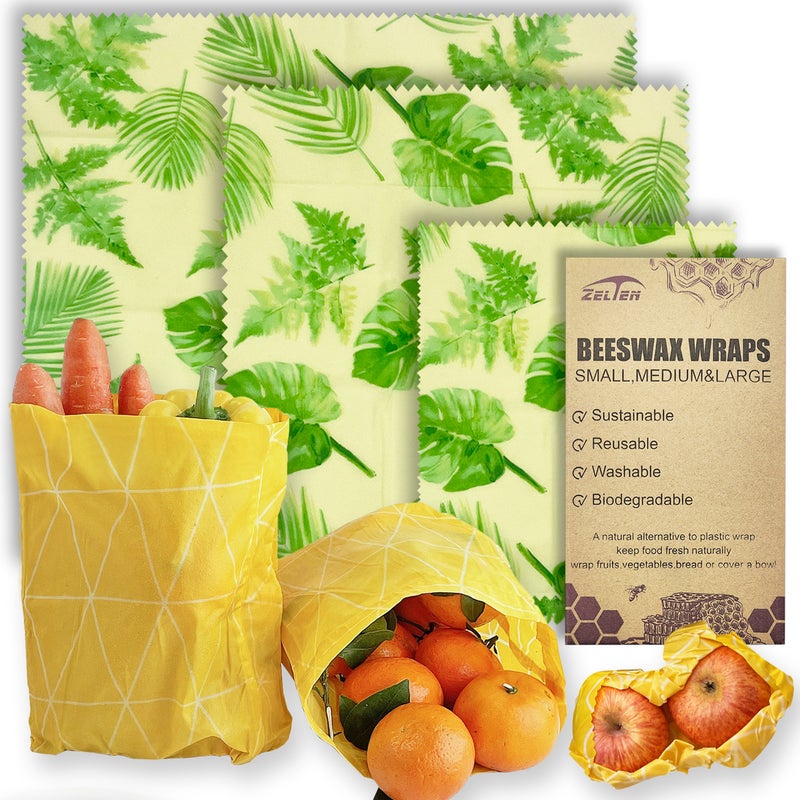 Zelten Beeswax Reusable Food Wraps - (3 Packs, 3 Sizes S,M,L) Plastic and Silicone Free, Eco-friendly Wrap, Wax Paper for Food,Bamboo Palm & Monstera - Image 1