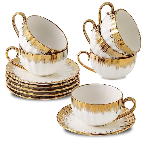 LETAOTAO Cappuccino Cups with Saucers, 7 oz Porcelain Double Espresso Cups Set, Ceramic Turkish Coffee Cups with Gold Trim, Tea Cups Set of 6, Cafe Cups for Latte, Mocha, Au Lait, White - Image 1