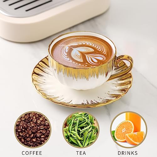 LETAOTAO Cappuccino Cups with Saucers, 7 oz Porcelain Double Espresso Cups Set, Ceramic Turkish Coffee Cups with Gold Trim, Tea Cups Set of 6, Cafe Cups for Latte, Mocha, Au Lait, White - Image 2