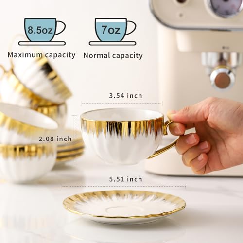 LETAOTAO Cappuccino Cups with Saucers, 7 oz Porcelain Double Espresso Cups Set, Ceramic Turkish Coffee Cups with Gold Trim, Tea Cups Set of 6, Cafe Cups for Latte, Mocha, Au Lait, White - Image 4