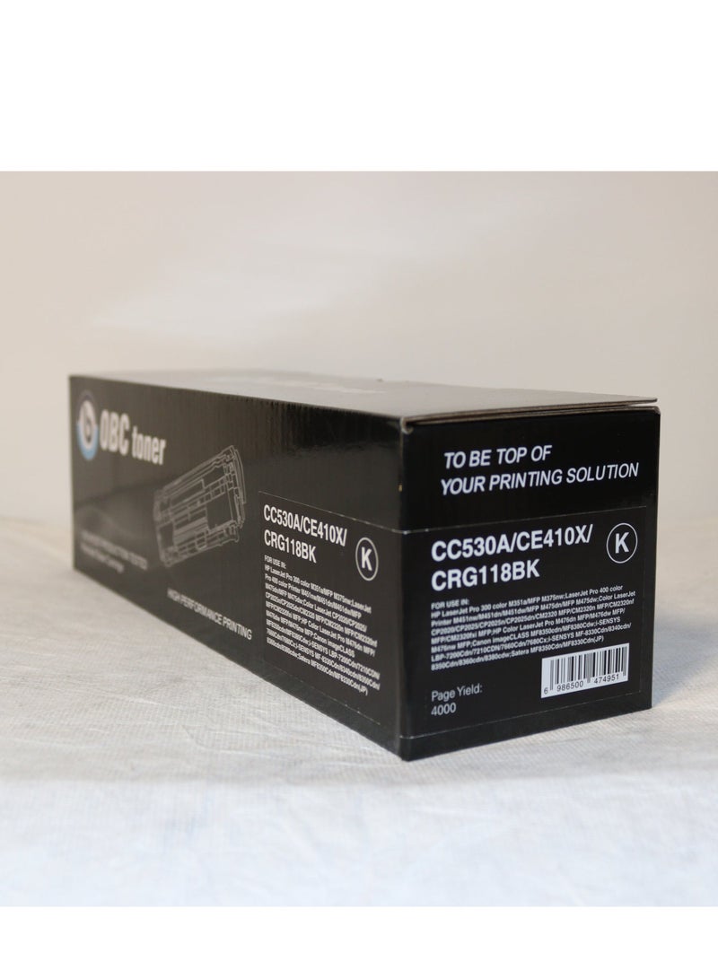 OBC Compatible Black Laser Toner Cartridge Replacement for HP CC530A/CE410X-304A and Canon CRG-118BK. Prints up to 4000 pages with high quality and excellent consistency. - Image 2