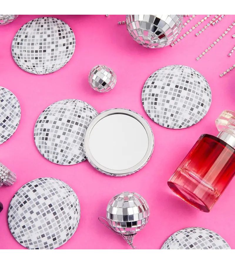 1pc Disco Ball Mirror Black White Checkered Handheld Mini Travel Pocket Makeup Mirror - Image 5