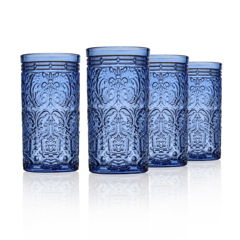 Godinger Highball Drinking Glasses, Tall Glass Cups Vintage Design - Jax Collection, Blue, Set of 4 - Image 1