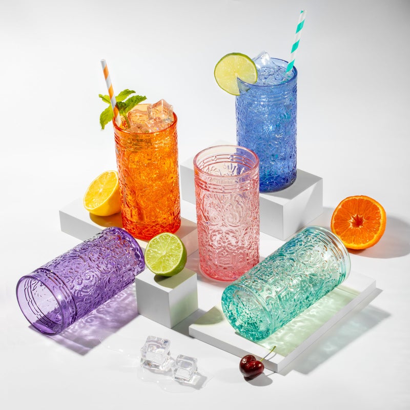 Godinger Highball Drinking Glasses, Tall Glass Cups Vintage Design - Jax Collection, Blue, Set of 4 - Image 4