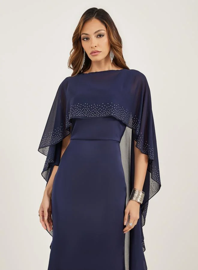 Styli Navy Blue Embellished Cape Maxi Dress