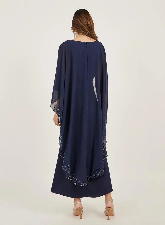 Styli Navy Blue Embellished Cape Maxi Dress