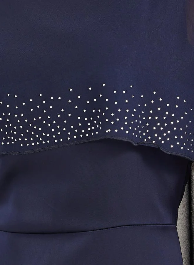 Styli Navy Blue Embellished Cape Maxi Dress