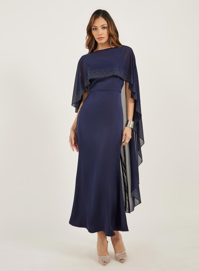 Styli Navy Blue Embellished Cape Maxi Dress  - Image 2