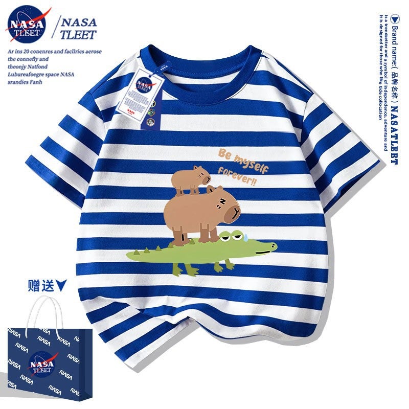 Nasa Co-Brand Cute Kappibala Printed T-Shirt New Round Neck Western Style Bottoming Shirt Cotton Short Sleeve For Boys And Girls - Image 1