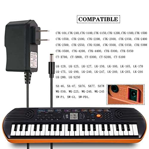 SmallSpark 9.5V 1A AC/DC Power Supply Adapter for Casio Piano Keyboard ADE95100LU/B SA-46 SA-47 SA76 SA-77 SA-78 CTK-2080 CTK-2550 CTK-3200 CTK-3500 LK-265 LK-280 CT-X700 CT-X800 CT-S300 Charger Cable (6 FT) - Image 2