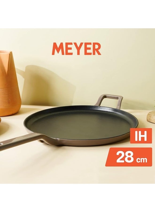 Meyer Enamel Cast Iron Dosa Tawa Pan | Roti Tawa With Induction Base | Iron Cookware for Kitchen, 28cm, Grey - Image 3