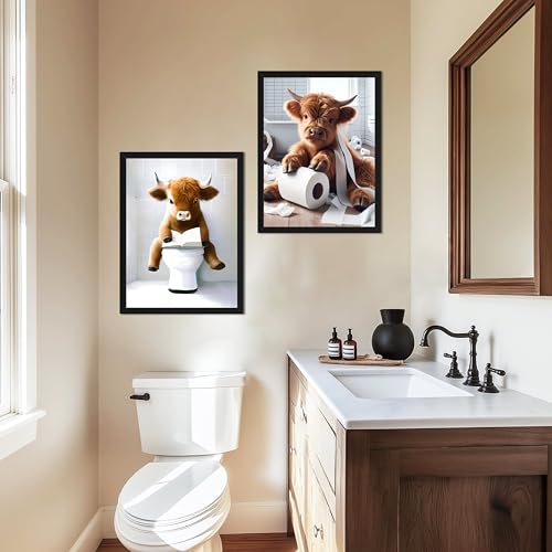 Tmvosn Highland Cow Bathroom Decor Set of 3, Funny Brown Cute Highland Cow Wall Art Paintings, Vintage Rustic Farmhouse Canvas Pictures Posters Prints for Bathroom, Restroom Black Wood Framed 12x16 Inch - Image 5