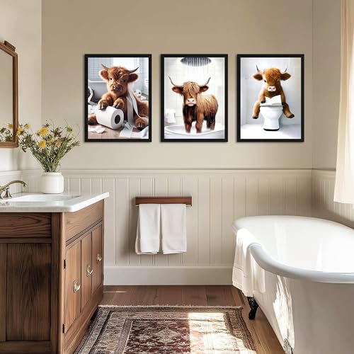 Tmvosn Highland Cow Bathroom Decor Set of 3, Funny Brown Cute Highland Cow Wall Art Paintings, Vintage Rustic Farmhouse Canvas Pictures Posters Prints for Bathroom, Restroom Black Wood Framed 12x16 Inch - Image 2
