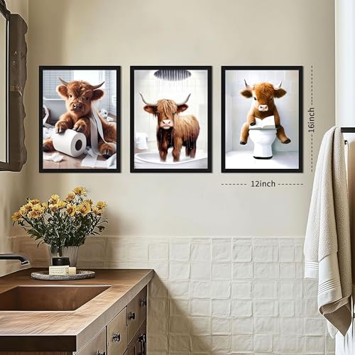 Tmvosn Highland Cow Bathroom Decor Set of 3, Funny Brown Cute Highland Cow Wall Art Paintings, Vintage Rustic Farmhouse Canvas Pictures Posters Prints for Bathroom, Restroom Black Wood Framed 12x16 Inch - Image 4