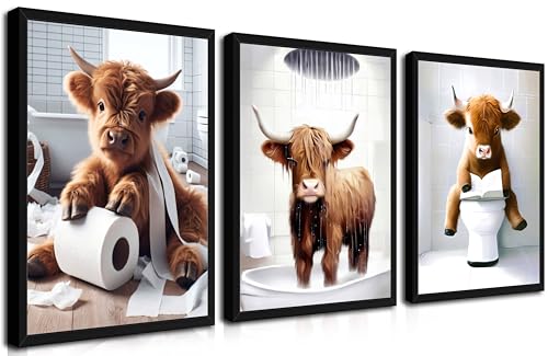 Tmvosn Highland Cow Bathroom Decor Set of 3, Funny Brown Cute Highland Cow Wall Art Paintings, Vintage Rustic Farmhouse Canvas Pictures Posters Prints for Bathroom, Restroom Black Wood Framed 12x16 Inch - Image 1