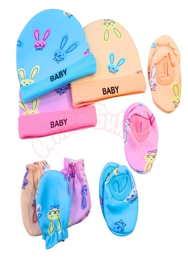 White Bubble Baby Winter Essentials Set | Cap + Mittens + Booties | Wool inside material | Cozy & Warm | Newborn Gift Pack of 3 | Pink, Peach & Blue Color - Image 1