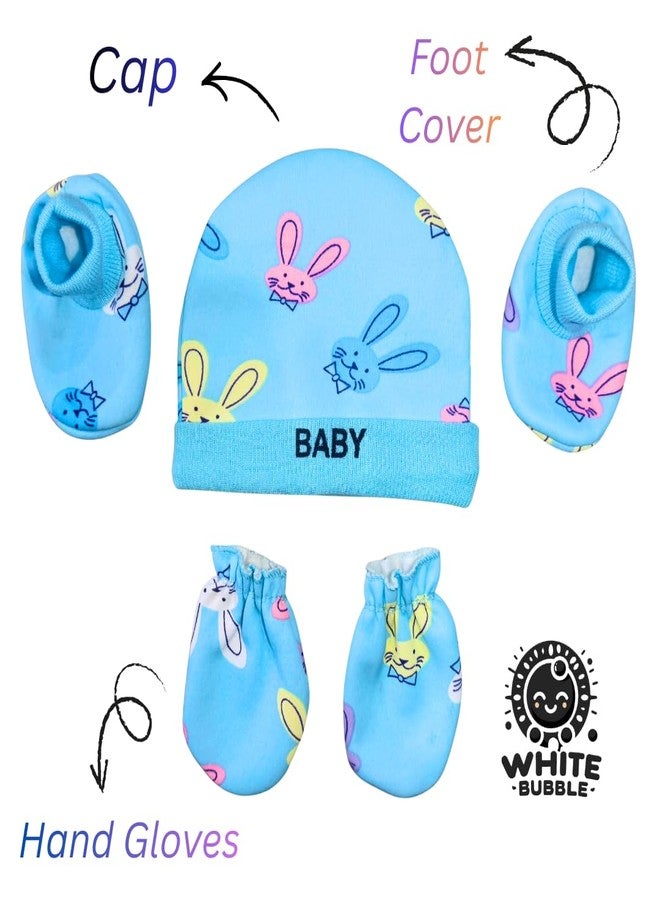 White Bubble Baby Winter Essentials Set | Cap + Mittens + Booties | Wool inside material | Cozy & Warm | Newborn Gift Pack of 3 | Pink, Peach & Blue Color - Image 4